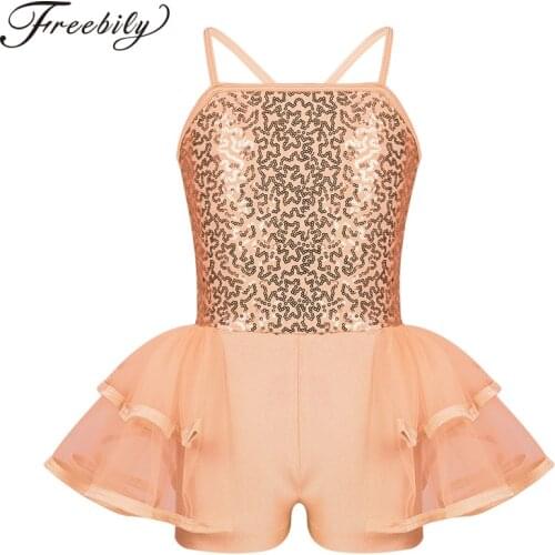 Kids Girls Ballerina Tutu Costumes Spaghetti Straps Shiny Sequins Tiered Ballet Dance wear Gymnastics Leotard Turnpakje