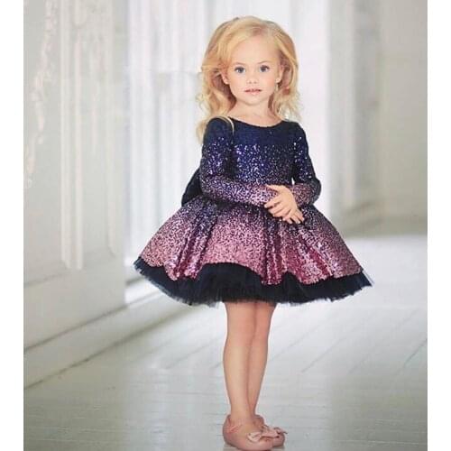 New Cute Baby Girls Dresses Purple Sequins Ball Gown Long Sleeve Infant Girl Birthday Party Dress Pageant Gown Photo Shoot