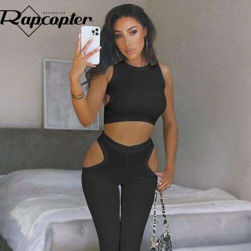 Rapcopter Cut Out Sexy Two Pieces Sets Sleeveless Tanks And Trousers Matching Set Backless Sportwear Female Summer Solid Suits