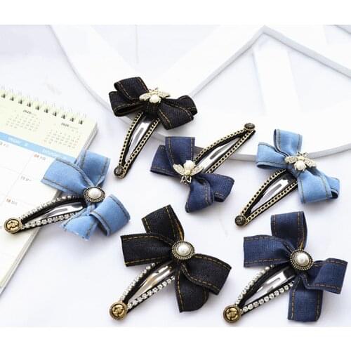 Fashion Denim Bow Hair Clip Rhinestone Pearl Bee Hairpins Women Girls Korean Hair Accessories Wholesale