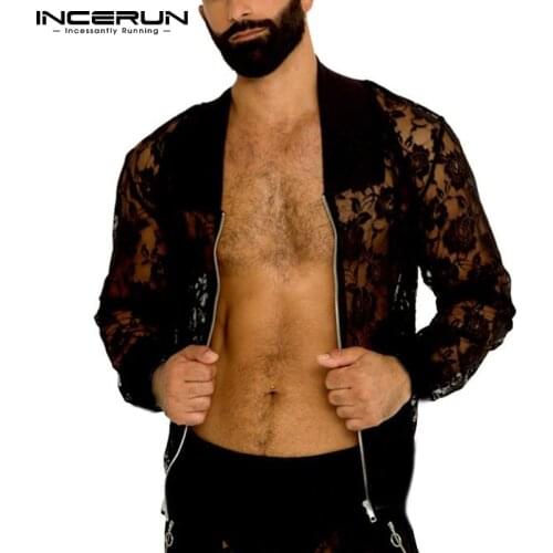 Fashion Men Shirt Mesh Lace Transparent Zipper Lapel Long Sleeve Party Nightclub Shirts 2021 Sexy Camisa Masculina S-5XL INCERUN