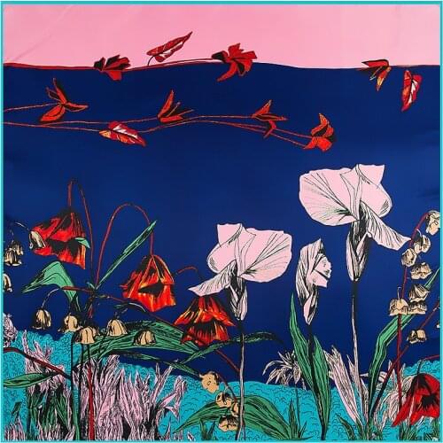 Hoiime 130x130cm Fashion Lady Twill Silk Scarf Blanket Lake Flower Pattern Women Silk Shawls Square Scarf Throw Blanket Portable