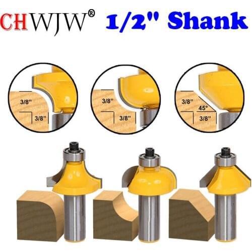 3Pc Edging Router Bit Set - Medium Roundover Cove & Chamfer 1/2" Shank Woodworking cutter
