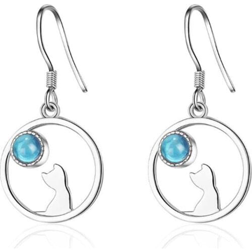 New Personality Cat Design Lookout Ear Hook 925 Sterling Silver Jewelry Moonstone Round Dangle Earrings SE817
