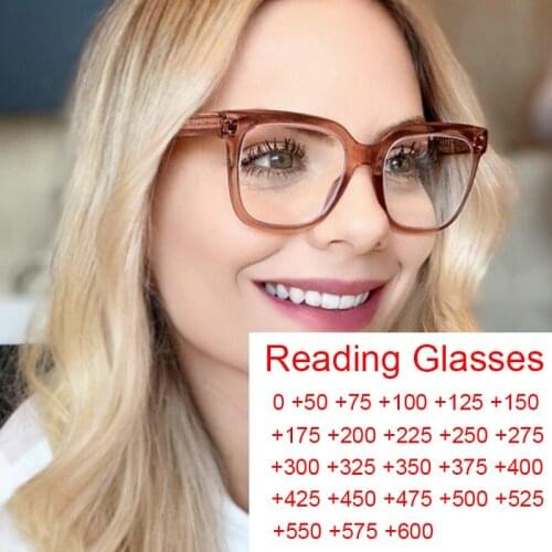 2021 New Fashion Champagne Square Reading Glasses Women Blue Light Blocking Computer Farsightedness Clear Glasses Okulary +1.5