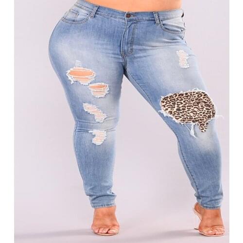 Autumn Spring Female New Fat Large Size L-6XL Slim-Fit Womens Jeans Ripped Feet Black Blue