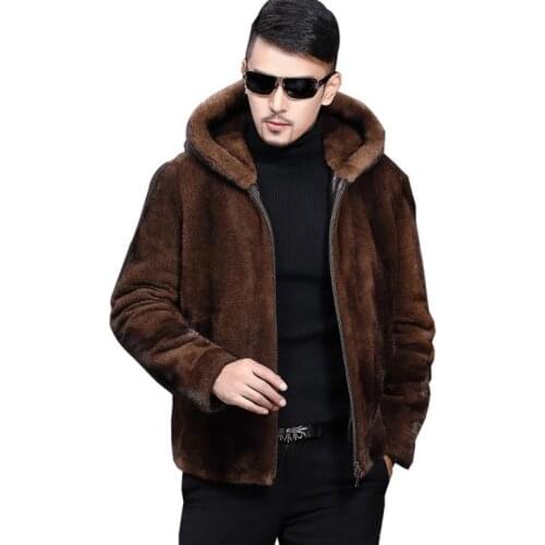 Autumn faux mink leather jacket mens short coats winter thicken warm fur leather coat men slim jackets Hooded fashion brown