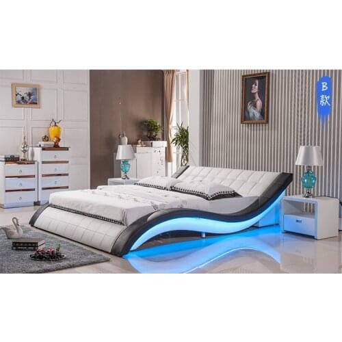 Post modern real genuine leather bed / soft bed/double bed king/queen size bedroom with sound system for iphone ipad LED light