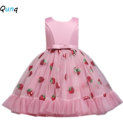 Qinq Girls Dress 3 4 5 6 7 8 9 10 11 12 Year Children Princess Dresses Strawberry Sequined Sweet Kids Party Wedding Costume