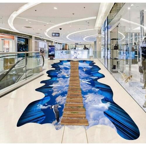 Custom Photo self-adhesive 3D floor wallpapers Blue sky wooden bridge PVC waterproof floor 3d fllor paper