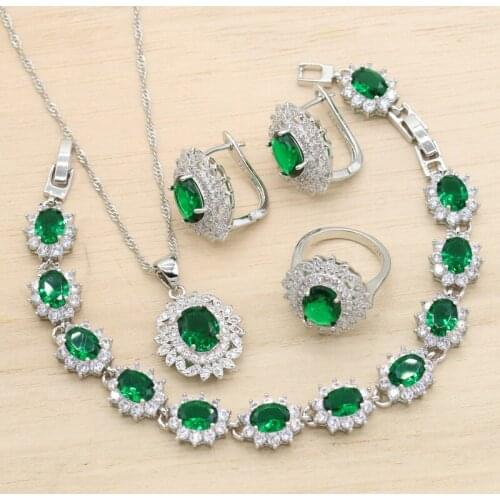 Silver Color Wedding Jewelry Sets For Women Party Green Cubic Zircon Earrings Pendant Necklace Bracelet Ring Christmas Gift 4PCS