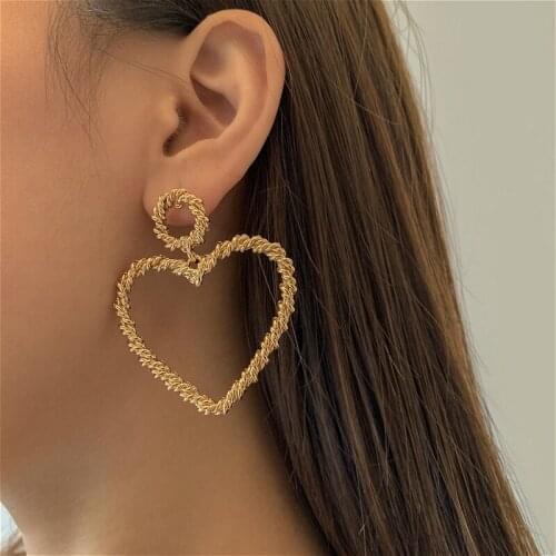 Gold Color Heart Drop Earrings For Women Aesthetic Korean Style Geometric Statement Big Earrings Jewelry
