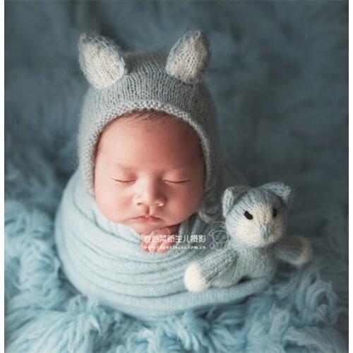 Cute Newborn Animal Hat Photography Props Crochet Cat Kitty Blue Baby Boy Bonnet Set Knitted Newborn Stuffed Hat Toy Baby Props
