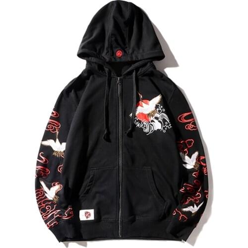 HISTREX Japanese Harajuku Embroidered Crane Zipper Men Hoodies Women Streetwear Fleece Fashion Felpe Brand Sweatshirts KLJ6I