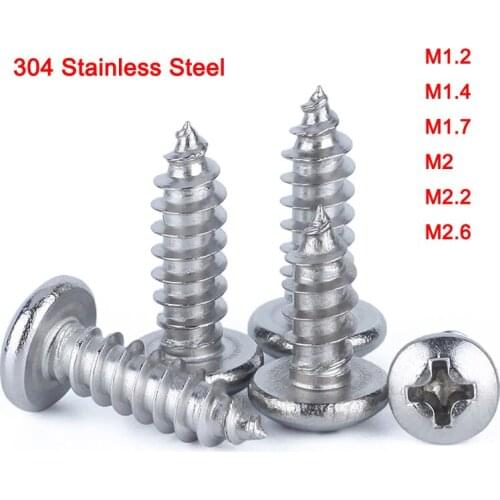 100Pcs 304 Stainless Steel GB845 Phillips Wood Screws Cross Recessed Round Head Self-tapping Screw M1.2 M1.4 M1.7 M2 M2.2 M2.6