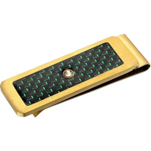 Green With Black Carbon Fiber Drill Crystal Stainless Steel Golden Money Clip Cash Clip
