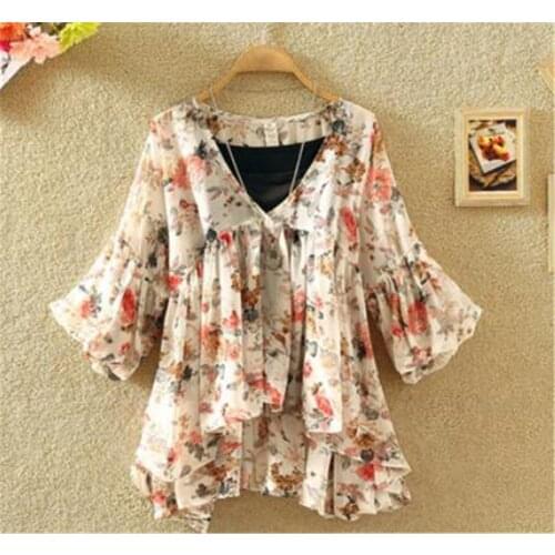 2020 Women Floral Print Blouse Casual V-Neck Chiffon Blouses Lady Lantern Sleeve Ruffles Shirts irregular Blusas Tops Plus Size