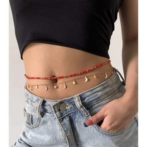 2021 Summer Fashion Colorful Beaded Ladies Bikini Waist Chain Metal Star Moon Tassel Pendant Body Belly Chain Jewelry For Women