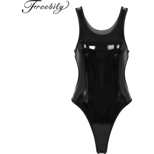 Women Adults Sexy Catsuit Wetlook PU Leather Backless High Cut Tank Thong Leotard Bodysuit for Evening Party Costumes Clubwear