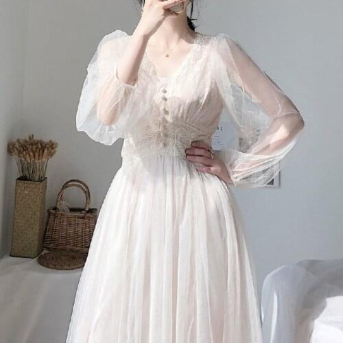 One Piece Dress Elegant Button A-Line White Dress Women 2021 Summer Puff Sleeve Empire V-Neck Lace Voile Mesh Dresses Vestidos
