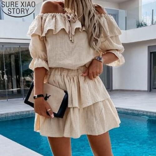 2021 Summer Mini Dress Women Slash Neck Streetwear Off-Shoulder Short-sleeve Dress Comfortable Robe Femme Clothes Vestido 14590