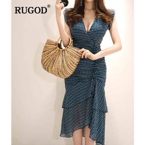 RUGOD New Elegant temperament V collar Pleat and fold the buttocks Printed Trumpet Ruffles Sleeve women dress