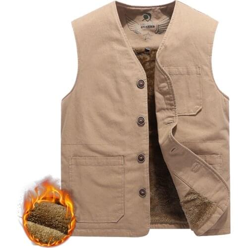 Mens Cotton Multi Pockets Vest Winter Fleece Thicken Warm V-Neck Waistcoat Photography Fishing Sleeveless Jacket Large Size 4XL