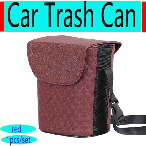 1pcs PU Leather Auto Car Trash Can Multifunctional Red Car Storage Bucket Bin Double-layer Design Hanging Trash Storage Bag