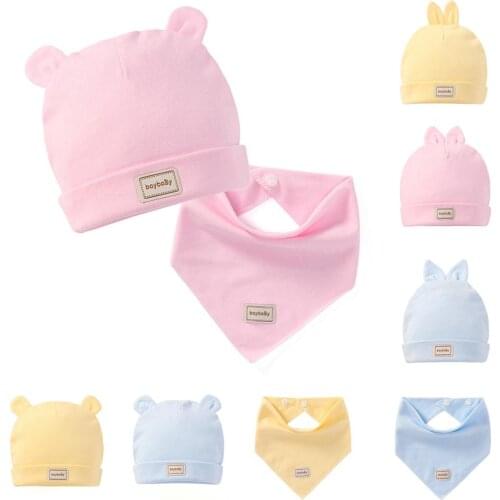 2Pcs/Set Cute Newborn Baby Cap + Bib Soft Cotton Cap Hat Beanie with Ears Triangle Towel Scarf Bib