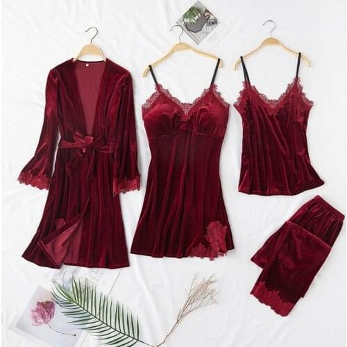 4 Pieces Pajamas Sets For Women Gold Velvet Warm Winter Pyjama Femme V-Neck Sexy Sleepwear Soft Lingerie Sleeveless Nightwear
