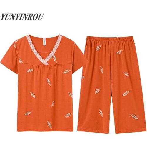 Brand New Viscose Floral Print Womens Pajama Sets Elegant Nightwear Women Pyjamas Calf-Length Pants Plus Size 4XL Sleepwear