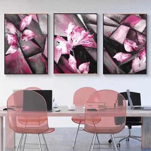 Abstract Pink Flower Oil Painting on The Wall Posters and Print Canvas Art Wall 3 Pieces Flowers Picture for Living Room Decor