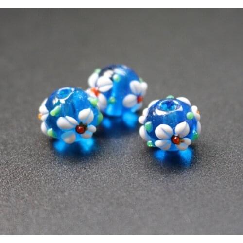10Pcs 11mm*9mm 12mm*10mm Lampwork Flower Glass beads Ocean blue Color with Outer White flower Fashion beads for jewelry making