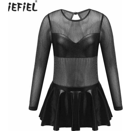 Kids Girls Ballet Leotard Dress Glittering See-through Long Sleeve Dance Jumpsuit Gymnastics Leotard Dress Latin Dance Costumes