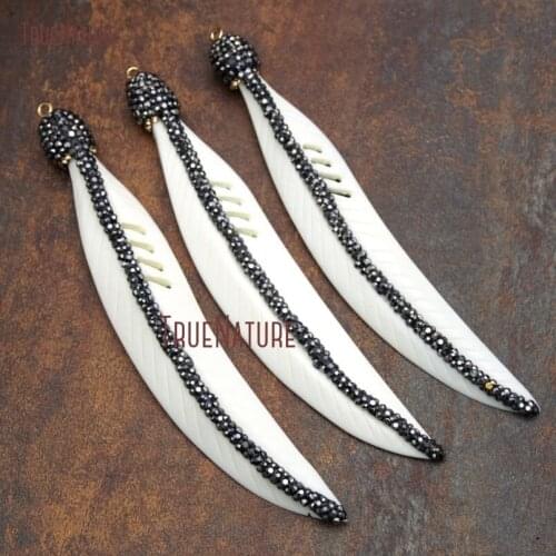 Designer Ox Bone Pendant Crystal Gold Electroplated Feather Pendant PM16507