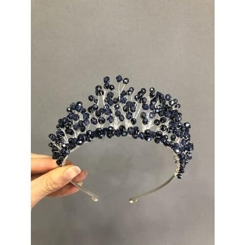 Dreamer Beads Navy Blue Polycrystalline Princess Pattern Bridal Tiara Crown With Pearl And Clear Glass Crystal Beaded Bridal-Henna party