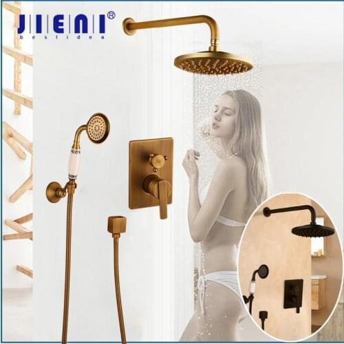 JIENI Black ORB Wall Mounted Bathtub 2 Function Antique Brass Bathroom Faucets Shower Set Faucet Mixer Shower Set W/ Hand Spray