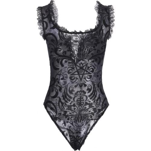 Lace Bodycon Bodysuit Women Gothic Streetwear Mesh Hollow Out Sleeveless Bodysuit Female Black Body Party