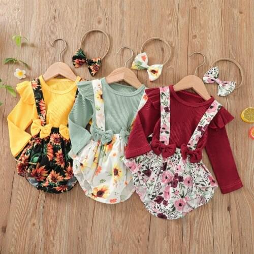 3Pcs Baby Summer Outfit, Solid Color Long Sleeve T-Shirt + Floral Suspenders Pantie + Hairband for Toddler Girl, 0-24 Months
