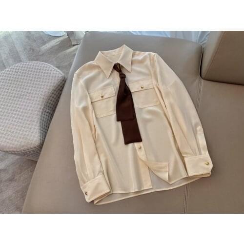 Fashion ladies 2021 new long sleeve sexy casual solid color tie lapel silk shirt 1207