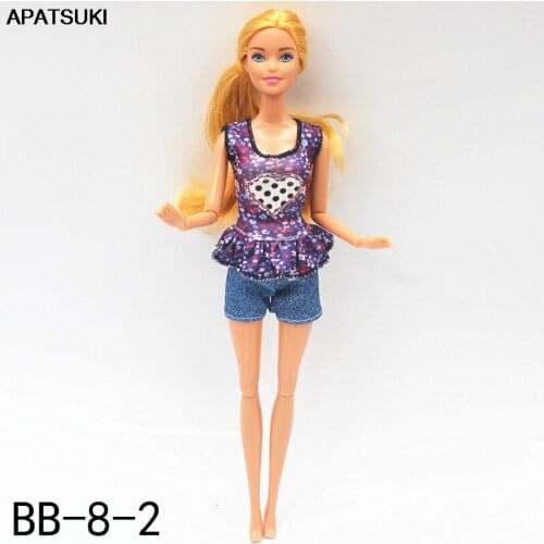 Purple Ruffle Fashion Doll Clothes Set For Barbie Doll Outfits Top Shirt Denim Crop Shorts 1/6 Dolls Accessories Kids Toys