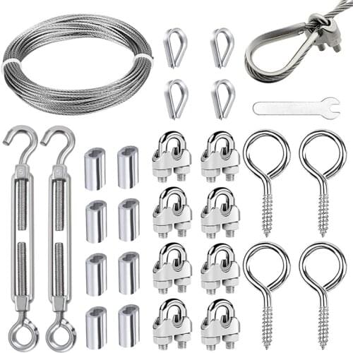 Cable Set with 10M Wire Rope M2 Wire Rope Clamp M5 Hook Eyelet Spanner Stainless Steel for Tent Ropes Washing Lines