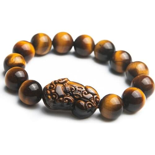 Genuine Natural Yellow Tigers Eye Round Crystal Beads Women Man Fashion PiXiu Wealthy Bracelet 14mm
