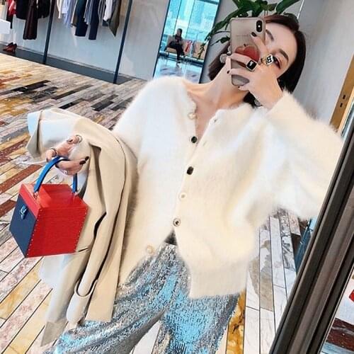 Mink Faux Fur Coat Women Single Breasted Sweaters Cardigans Basic Midi Korean 2020 Autumn Winter Loose Elegant Knitted Cardigan