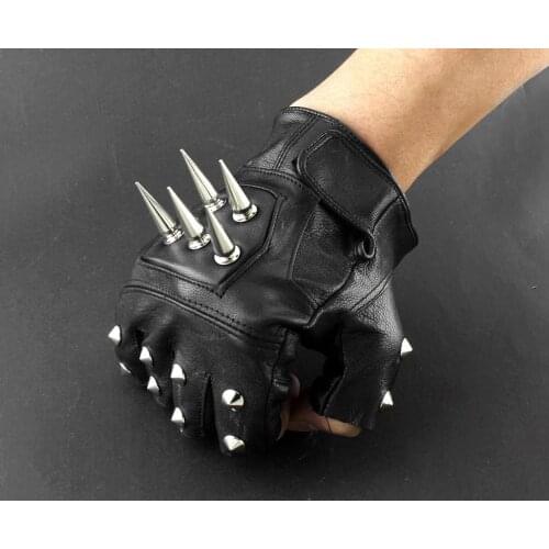 Mens Leather Spike stud Punk Rocker Driving Motorcycle Biker Fingerless Gloves