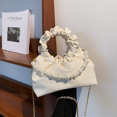 Casual Designer 2021 Fashion Solid Color Shoulder Bag Folding Literary Chain Pearl Decoration All-Match Simple Messenger Bags