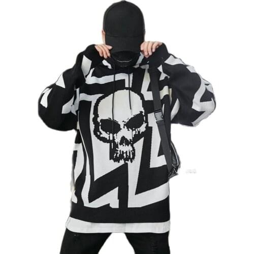 Kpop Hip Hop Streetwear Pullover Knitting Skull Print Men Hoodies Casual Couple Oversize Women Vintage Sweatshirt Ropa Hombre