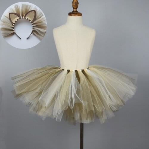 Brown Girl Tutu Skirts for Dance Birthday Party Lion Cosplay Children Fluffy Skirt with Headband Baby Girls Cartoon Skirts Cloth
