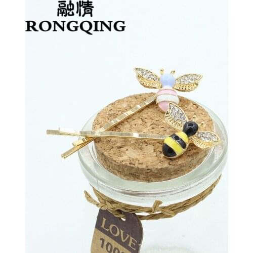 RONGQING 2pcs/lot Korean Fashion Cute Rhinestone Bees Clips for Girls Insect Hair Pins Clips Women Animal Barrettes