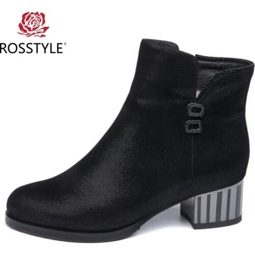 ROSSTYLE Sheepskin Genuine Leather Ankle Boots Women Winter Shiny Metallic Keep Warm Fur Boots Square Heel Leather Boot Shoes B2